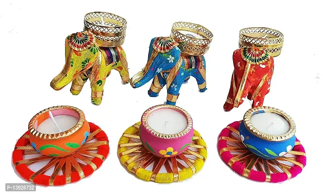 Forty Wings 3 Pcs Elephant Tealight Diya Candle Holder with 3 mattki Shape Diyas Candles for Diwali Festival Home Decorations Lights