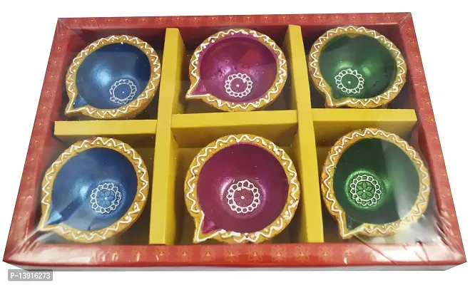 Urvi Creations Set of 6 Handmade Traditional Earthen Clay Mitti Diya Oil Lamps for Pooja Diwali Decoration - Multi Colour