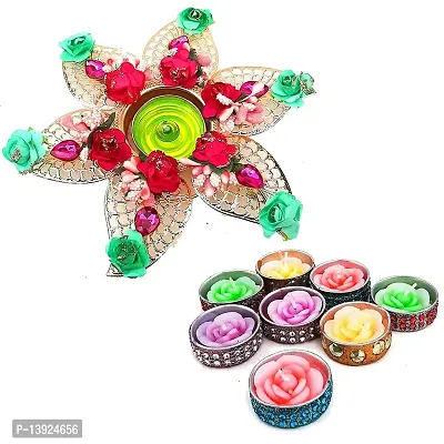 Forty Wings 1 Pcs Flower Decorative Diya Tealight Candle Holder with 8 Pcs Flower Tea Lights Diwali Pooja Diya Candle Diwali Lighting for Diwali Wedding Festival Decoration Items and Diwali Gift Set