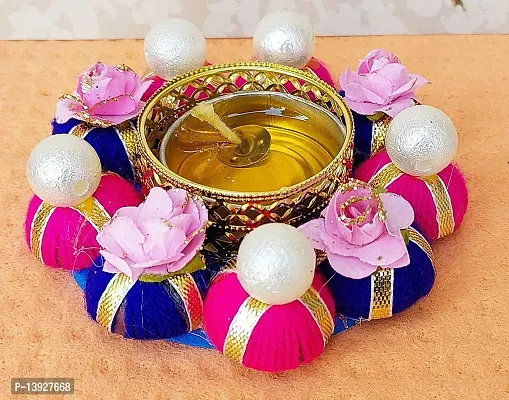 Forty Wings 1 Pcs Beautiful Flower Beaded Multi Decorative Diya Tealight Candle Holder Diwali Pooja Diya Candle Diwali Lighting for Diwali Wedding Festival Decoration Items and Diwali Gift Set-thumb2