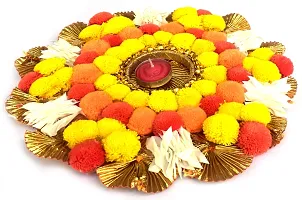 Urvi Creations Handmade Beautiful Flower Pom Pom Gota Patti Tea Light Diya Candle Holder for Diwali and Home Decoration (6 Inch)-thumb2