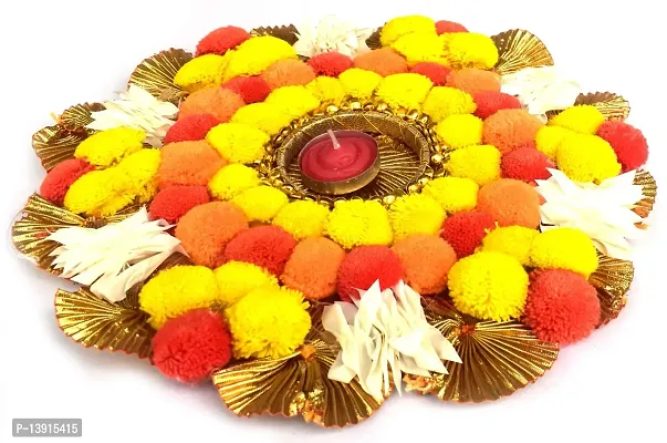 Urvi Creations Handmade Beautiful Flower Pom Pom Gota Patti Tea Light Diya Candle Holder for Diwali and Home Decoration (6 Inch)-thumb3