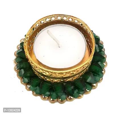 Urvi Creations Set of 3 Green Pearl Stone Work Tealight Diya Candle Holder for Diwali Festival Home Decorations Lights-thumb2