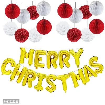 Masti Zone Christmas Foil Balloons Merry Christmas Letters Banner with 8 Pcs Red White Paper Honeycomb Ball and Paper FlowerChristmas Xmas Decoration