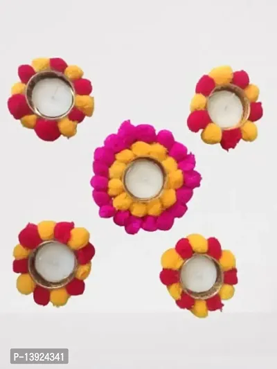 Forty Wings Handmade Designer Beautiful Pom pom Rangoli Designs Tealight Diya Candle Holder for Diwali Festival Home Decorations Lights-thumb3