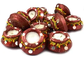 Urvi Creations Wax Filled Set of 12 Handmade Traditional Earthen Clay Diwali Diya Oil Lamps for Pooja Diwali Decoration - Multi Colour-thumb1