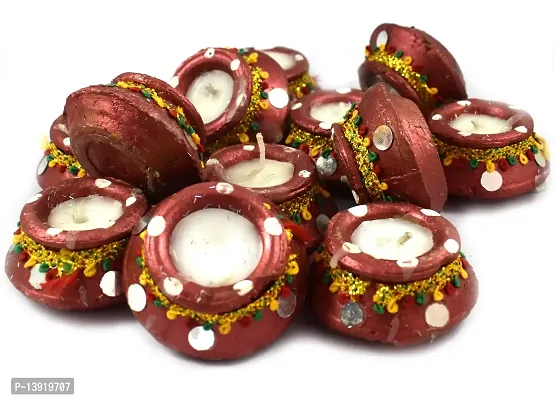 Urvi Creations Wax Filled Set of 12 Handmade Traditional Earthen Clay Diwali Diya Oil Lamps for Pooja Diwali Decoration - Multi Colour-thumb2