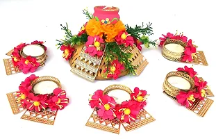 Urvi Creations Set of 6 Pcs Designer Flower Rangoli Set TeaLight Holder Candles for Diwali Home Decor - Multi Color-thumb3