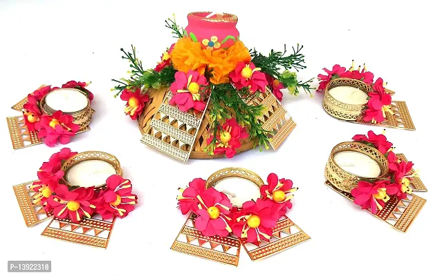 Urvi Creations Set of 6 Pcs Designer Flower Rangoli Set TeaLight Holder Candles for Diwali Home Decor - Multi Color-thumb4