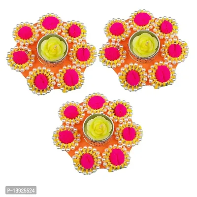 Urvi Creations 3 Pcs Flower Pearl Tealight Diya Candle Holder for Diwali Festival Home Decorations Lights