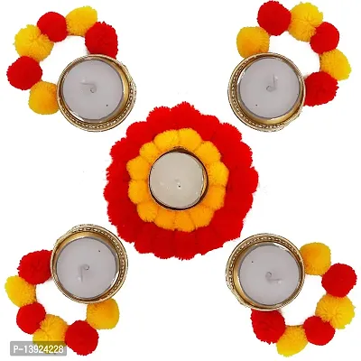 Urvi Creations Latest Set of 5 Pcs Gotta Pom Pom Marigold Rangoli Mandana Tealight Candle Holder for Diwali Festival Home Decorations Lights-thumb0