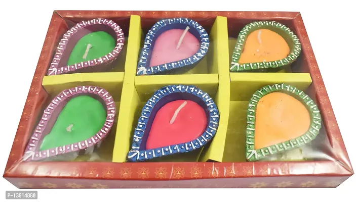 Urvi Creations Wax Filled Set of 6 Handmade Traditional Earthen Clay Diwali Diya Oil Lamps for Pooja Diwali Decoration - Multi Colour-thumb3