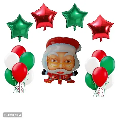 Masti zone Pack of 60 Red White Green Metallic Latex 12  Balloons and 6 Star Shape Foil Balloon with 3Pcs Santa Claus Foil Balloon for New Year, Christmas, X mas Party