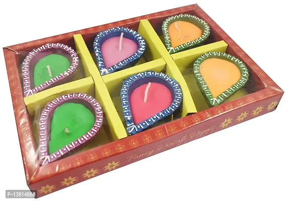 Urvi Creations Wax Filled Set of 6 Handmade Traditional Earthen Clay Diwali Diya Oil Lamps for Pooja Diwali Decoration - Multi Colour