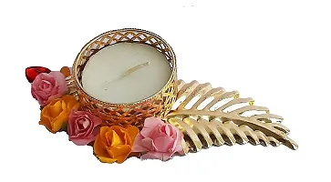 Forty Wings 2 Pcs Golden Leaf Flower Tealight Diya Candle Holder for Diwali Festival Home Decorations Lights-thumb2