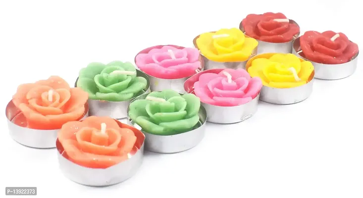 Urvi Creations Set of 10 Rose Shape Floating Tea Light Candles for Diwali Decoration Items - Multi Color