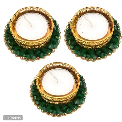 Urvi Creations Set of 3 Green Pearl Stone Work Tealight Diya Candle Holder for Diwali Festival Home Decorations Lights