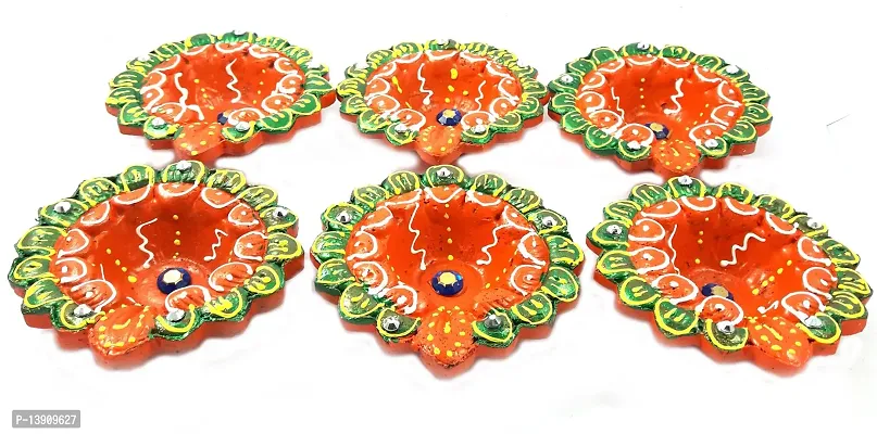 Urvi Creations Handmade Earthen Clay Terracotta Decorative Diya For Pooja / Rangoli (Set of 6) (10 x 8 x 12 cm, Multi-Color)-thumb2