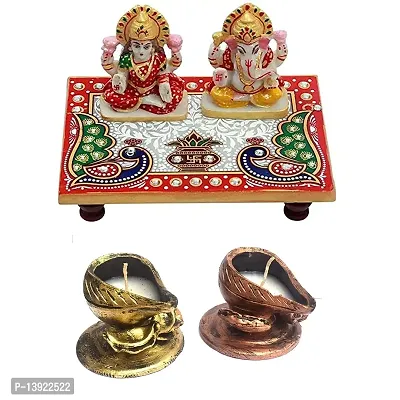 Forty Wings Beautiful Diwali Gift Ganeshji Laxmiji Pooja Choki with 2 Pcs Beautiful Diyas Tealight Holder Best Diwali Gift-thumb0