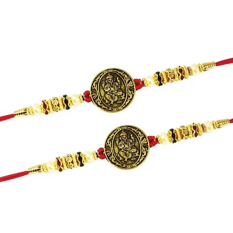 Urvi Creations Non-Precious Metal Brass and Pearl Wristb Bracelet Rakhi for Men's Boy's (Multicolored)