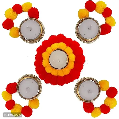 Forty Wings 5 Pcs Beautiful Pom Pom Rangoli Set Decorative Diya Tealight Candle Holder Diwali Pooja Diya Candle Diwali Lighting for Diwali Wedding Festival Decoration Items and Diwali Gift Set