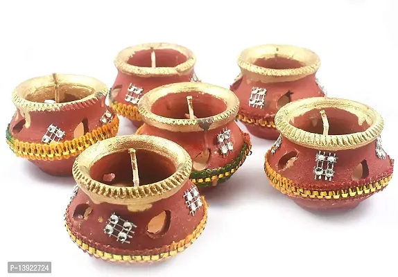 Forty Wings 6 Pcs Decorative Terracotta Wax Filled Matki Shape Diya Candle for Diwali Lighting Decoration Diwali Gift and Pooja Home Decor Item