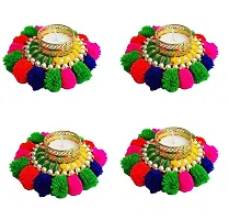 Forty Wings 4 Pcs Multi Pom Pom Beautiful Decorative Diya Tealight Candle Holder Diwali Pooja Diya Candle Diwali Lighting for Diwali Wedding Festival Decoration Items and Diwali Gift Set-thumb1