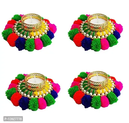 Forty Wings 4 Pcs Multi Pom Pom Beautiful Decorative Diya Tealight Candle Holder Diwali Pooja Diya Candle Diwali Lighting for Diwali Wedding Festival Decoration Items and Diwali Gift Set-thumb2