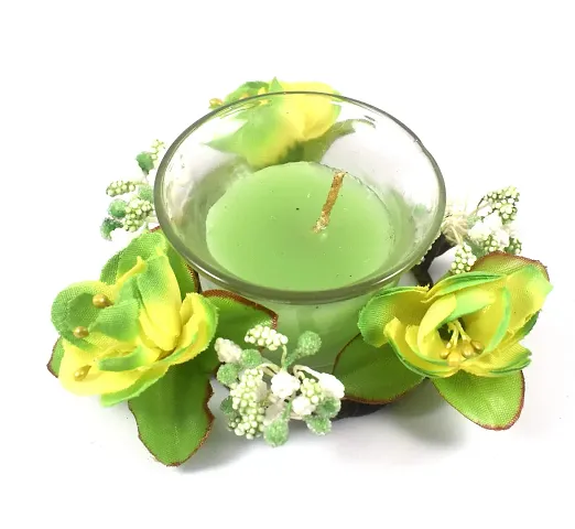 Urvi Creations Flower Decorated Glass Candle Holder with Wax Candle Tealight Candle Holder for Diwali Decoration Items and Christmas Festivals Candles -Multi