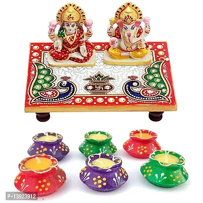 Forty Wings Beautiful Diwali Gift Ganeshji Laxmiji Pooja Choki with 6 Pcs Wax Matki Diyas Best Diwali Gift for Office ,Friends-thumb0