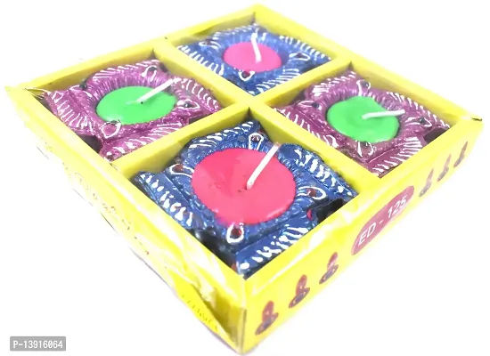 Urvi Creations Wax Filled Set of 4 Handmade Traditional Earthen Clay Diwali Diya Oil Lamps for Pooja Diwali Decoration - Multi Colour-thumb2