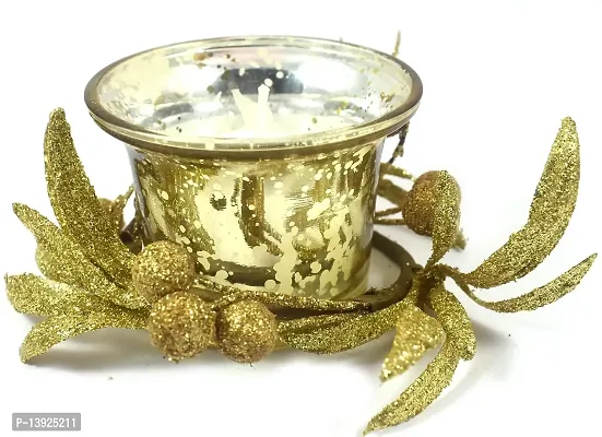 Urvi Creations Golden Flower Decorated Glass Candle Holder with Wax Candle Tealight Candle Holder for Diwali Decoration Items and Christmas Festivals Candles -Multi-thumb0