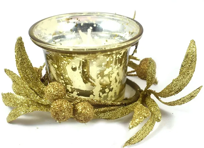 Urvi Creations Golden Flower Decorated Glass Candle Holder with Wax Candle Tealight Candle Holder for Diwali Decoration Items and Christmas Festivals Candles -Multi