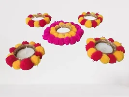 Forty Wings Handmade Designer Beautiful Pom pom Rangoli Designs Tealight Diya Candle Holder for Diwali Festival Home Decorations Lights-thumb1