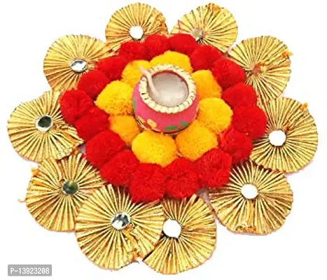 Urvi Creations Set of 1 Pcs Designer Pom Pom Gotta Flower Rangoli Set Tea Light Holder Candles for Diwali Home Decor - Multi Color-thumb2