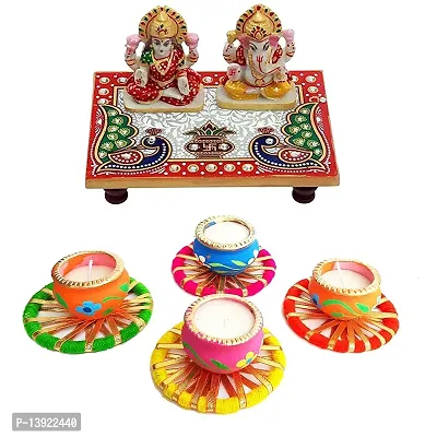 Forty Wings Beautiful Diwali Gift Set with Marble Lord Ganesh Ji Laxmi Ji Pooja Choki and 4 Matki Shape Wax Filled Diyas Diwali Pooja Decoration-thumb0