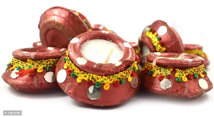 Urvi Creations Wax Filled Set of 12 Handmade Traditional Earthen Clay Diwali Diya Oil Lamps for Pooja Diwali Decoration - Multi Colour