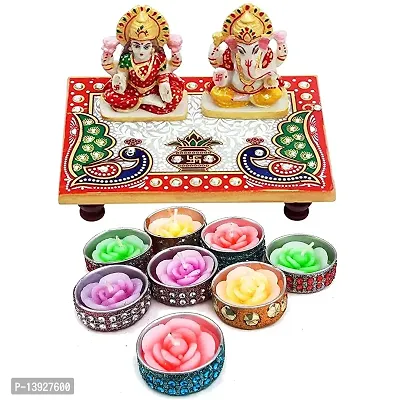 Forty Wings Beautiful Diwali Gift Ganeshji Laxmiji Pooja Choki with 8 pcs Rose Flower Tealight Best Diwali Gift for Office ,Friends