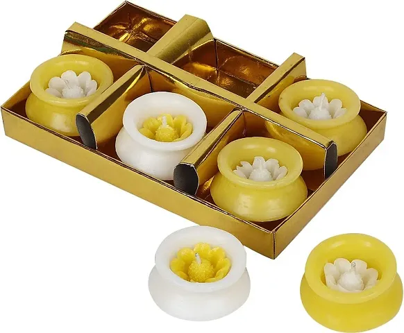 orty Wings 6 Pcs Matki Shape Wax Candles Tea Light Candles for Diwali Decoration Items and Christmas Festivals Candles-Set of 6 - (Yellow White Candles)