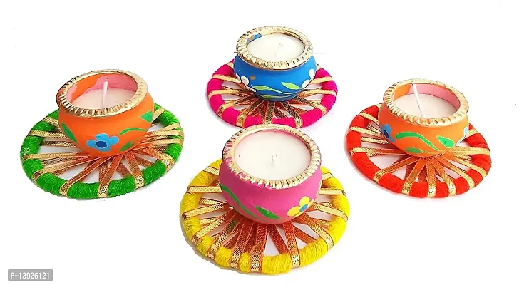 Forty Wings Set of 4 Beautiful Multi Gotta Work Decorative Matki Diya Tealight Candle Holder Diwali Pooja Diya Candle Diwali Lighting for Diwali Wedding Festival Decoration Items and Diwali Gift Set