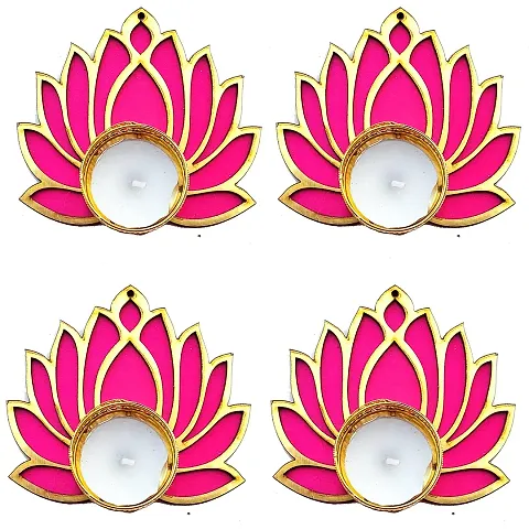 Forty Wings 4 Pcs Beautiful Lotus Pink Decorative Diya Tealight Candle Holder Rangoli Diwali Pooja Diya Candle Diwali Lighting for Diwali Wedding Festival Decoration Items and Diwali Gift Set