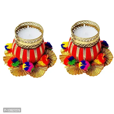 Forty Wings Set of 2 Gotta Flower Pom Pom Beautiful Decorative Diya Tealight Candle Holder Diwali Pooja Diya Candle Diwali Lighting for Diwali Wedding Festival Decoration Items and Diwali Gift Set-thumb0