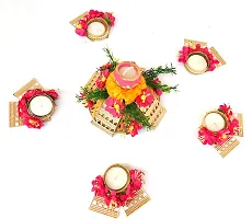 Urvi Creations Set of 6 Pcs Designer Flower Rangoli Set TeaLight Holder Candles for Diwali Home Decor - Multi Color-thumb2