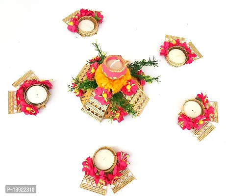 Urvi Creations Set of 6 Pcs Designer Flower Rangoli Set TeaLight Holder Candles for Diwali Home Decor - Multi Color-thumb3