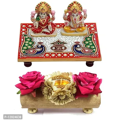 Forty Wings Beautiful Diwali Gift Ganeshji Laxmiji Pooja Choki with 1 pcs Rose Flower Tealight Holder Best Diwali Gift