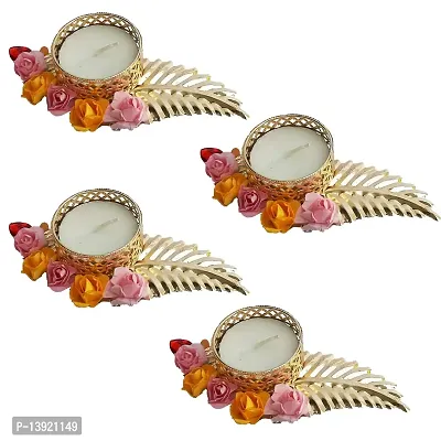 Urvi Creations Set of 4 Golden Leaf Flower Tealight Diya Candle Holder for Diwali Festival Home Decorations Lights