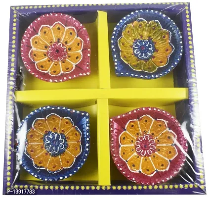 Urvi Creations Set of 4 Handmade Traditional Clay Mitti Diya/Deepak Oil Lamps Terracotta Diwali diyas Candles for Diwali Navratri Pooja and Diwali Decoration Lights Gift