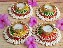 Forty Wings 4 Pcs Beautiful kodi Beaded Multi Decorative Diya Tealight Candle Holder Rangoli Diwali Pooja Diya Candle Diwali Lighting for Diwali Wedding Festival Decoration Items and Diwali Gift Set-thumb1