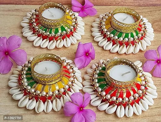 Forty Wings 4 Pcs Beautiful kodi Beaded Multi Decorative Diya Tealight Candle Holder Rangoli Diwali Pooja Diya Candle Diwali Lighting for Diwali Wedding Festival Decoration Items and Diwali Gift Set-thumb2