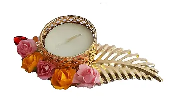 Urvi Creations Set of 4 Golden Leaf Flower Tealight Diya Candle Holder for Diwali Festival Home Decorations Lights-thumb1